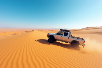 Véhicule 4x4 traversant dunes du désert namibien
