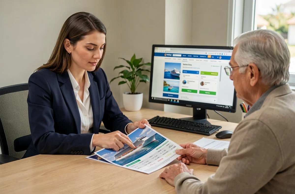 Conseillère en agence de voyage présentant des formules et tarifs de croisière à un couple de clients