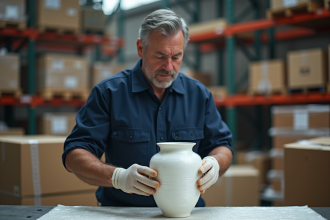 Agent logistique emballant une porcelaine dans un entrepôt
