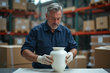 Agent logistique emballant une porcelaine dans un entrepôt