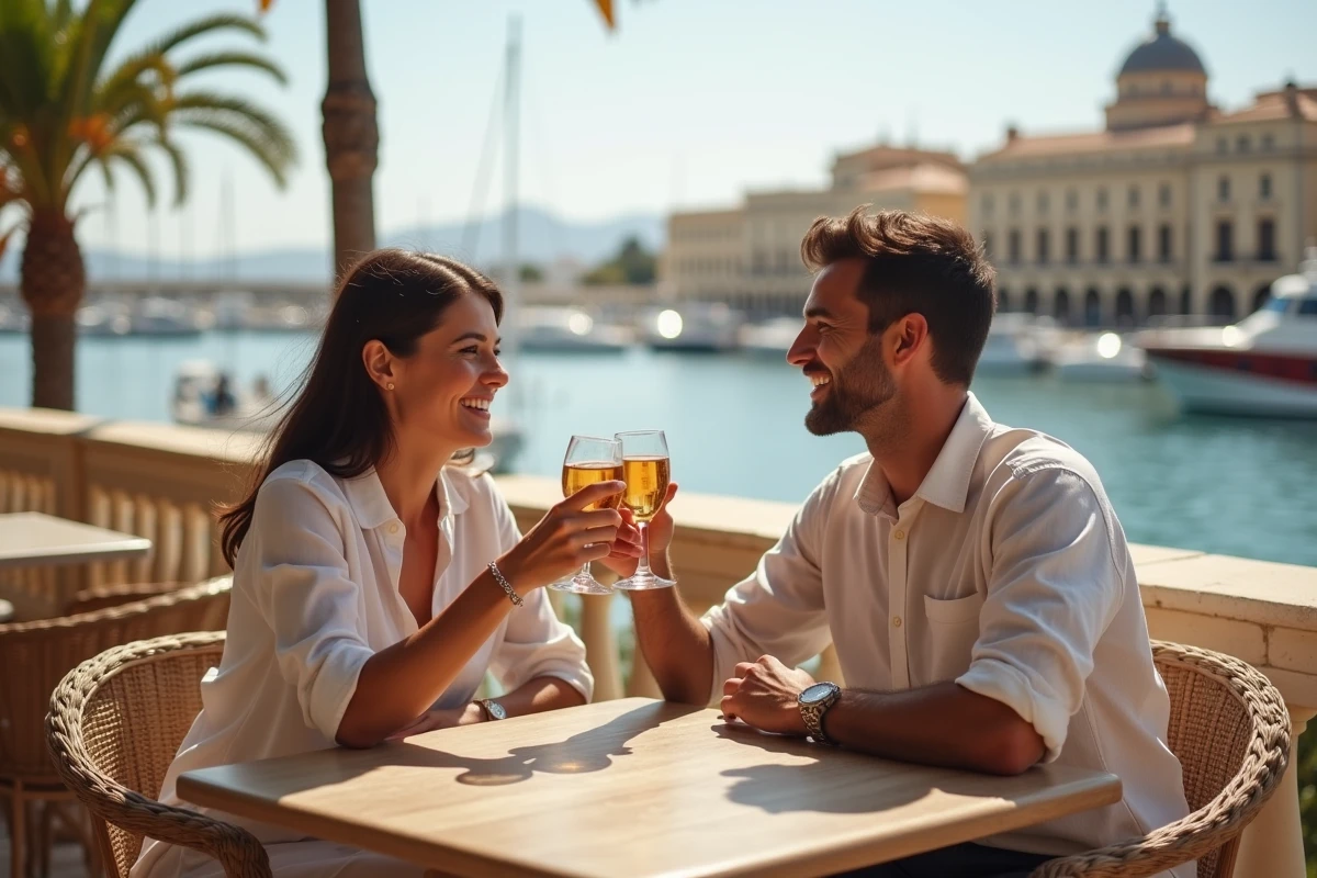 Deux amis souriants toastant dans un café en bord de mer à St Julian