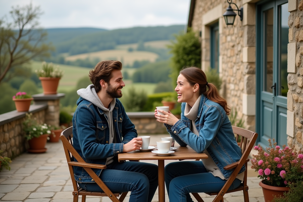 Amis jeunes buvant un café sur une terrasse de campagne