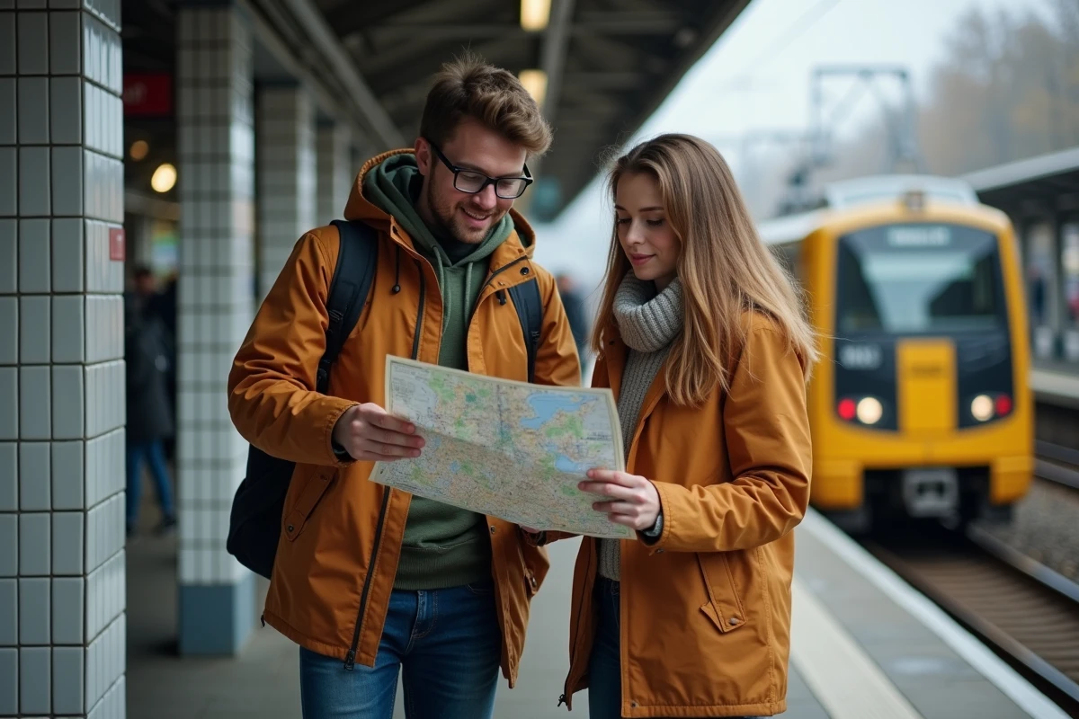 Deux amis regardant une carte dans une station de métro berlinoise