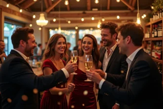 Groupe d'amis portant un toast au champagne dans un bar alsacien décoré pour le Nouvel An à Strasbourg
