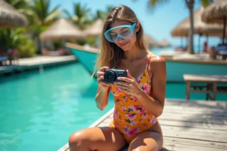 Femme débutante examinant un appareil photo sous-marin compact au bord d'un ponton tropical en bois
