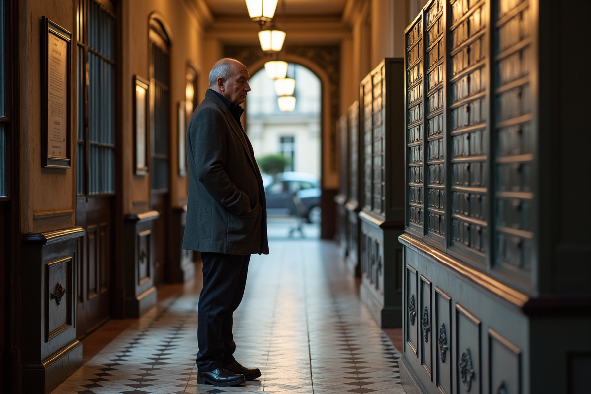 Homme lisant une affiche sur la taxe de séjour dans un hall parisien