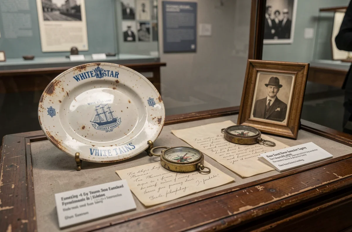 Artefacts authentiques de l'époque du Titanic exposés dans une vitrine du musée de Lyon incluant vaisselle et boussole