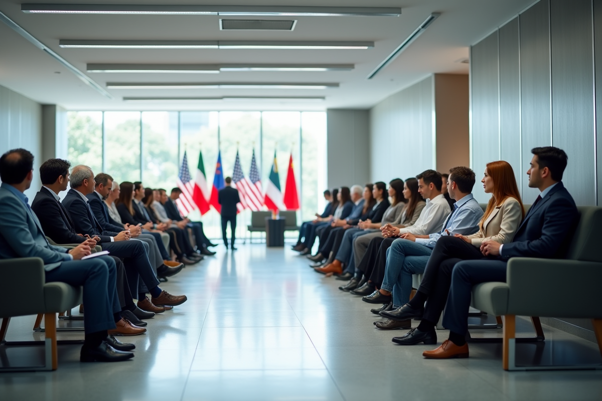 Groupe diversifié en attente dans un espace lumineux du consulat