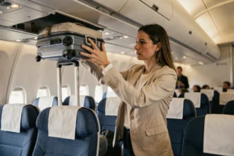 Femme plaçant un bagage cabine Volotea dans le compartiment supérieur d'un avion