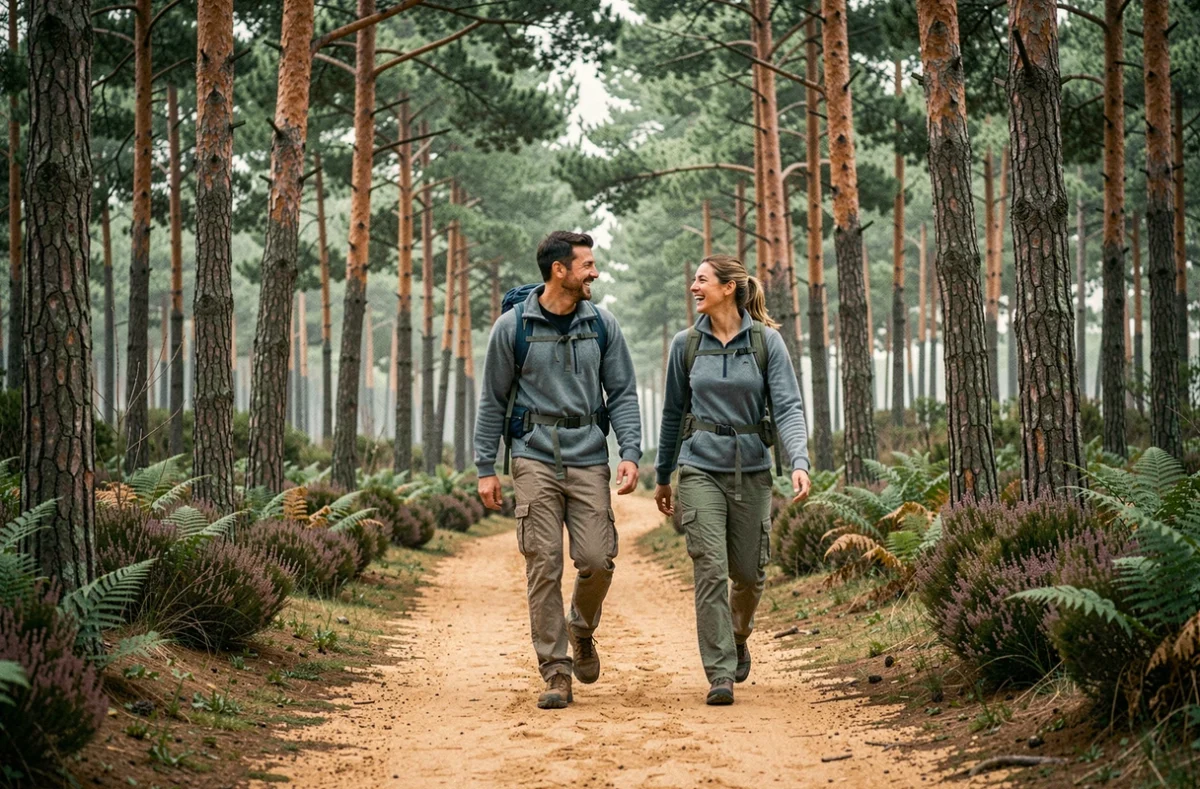 Deux randonneurs marchant et riant sur un sentier de forêt de pins à Oléron près de La Cotinière, ambiance naturelle et végétation atlantique