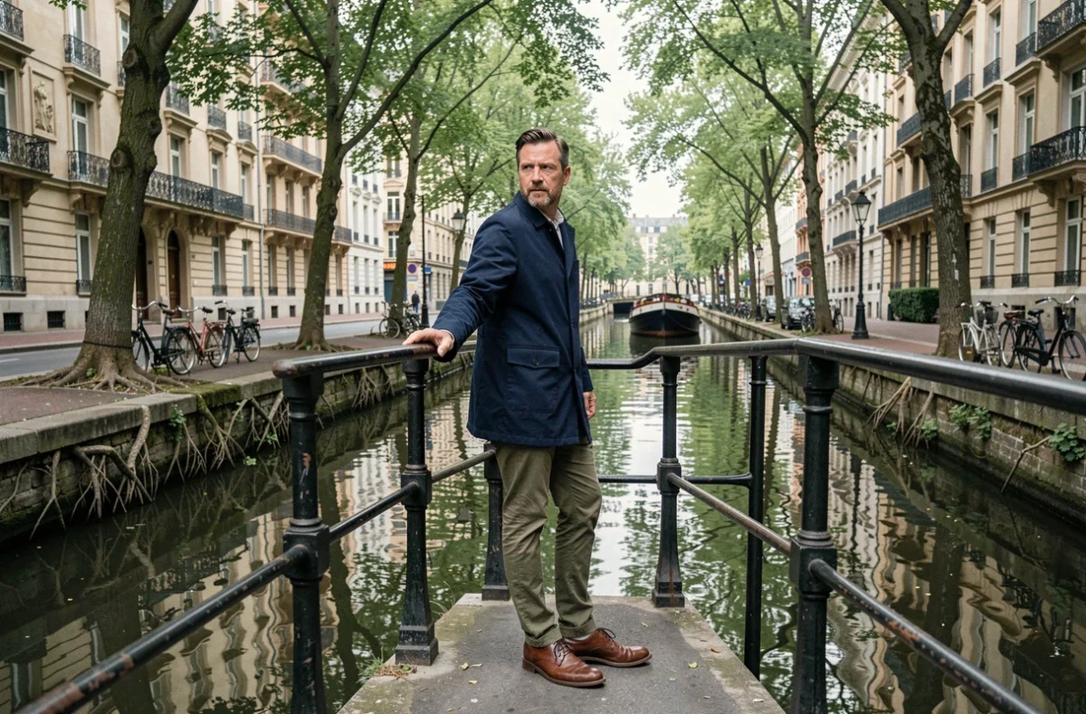Homme contemplant le Canal Saint-Martin depuis une passerelle en fer, quartier calme de Paris à explorer à pied