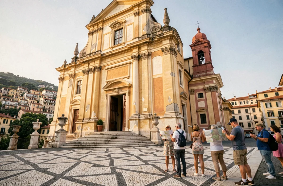 Basilique Saint-Michel-Archange de Menton avec sa façade baroque et le sol en mosaïque de galets