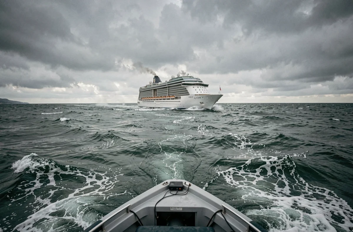 Bateau de croisière naviguant sur une mer Méditerranée agitée par temps couvert
