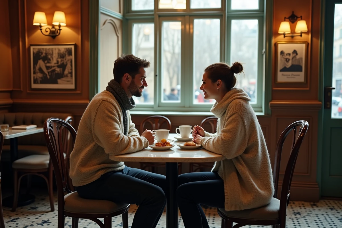 Couple en pull d'hiver savourant un thé et une tarte dans un café parisien cosy avec décor vintage