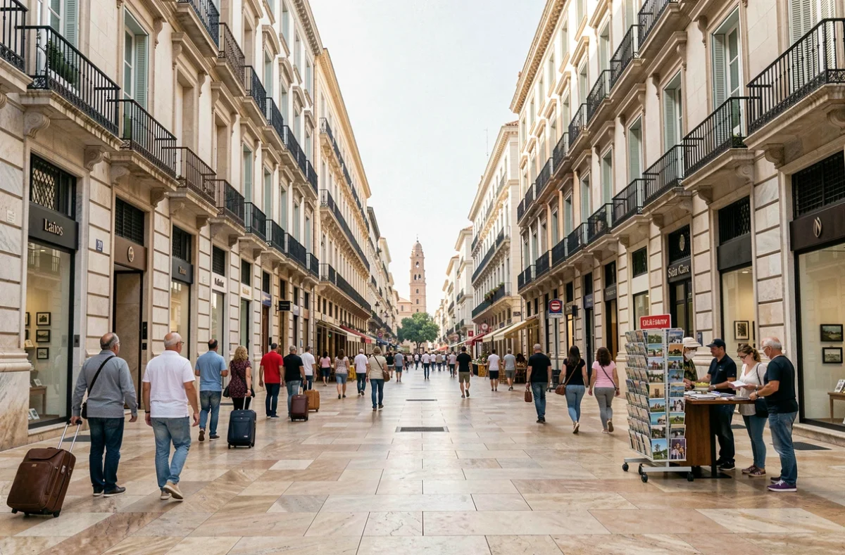 Vue grand angle de la Calle Larios à Malaga avec ses bâtiments néoclassiques, ses boutiques et ses piétons animés