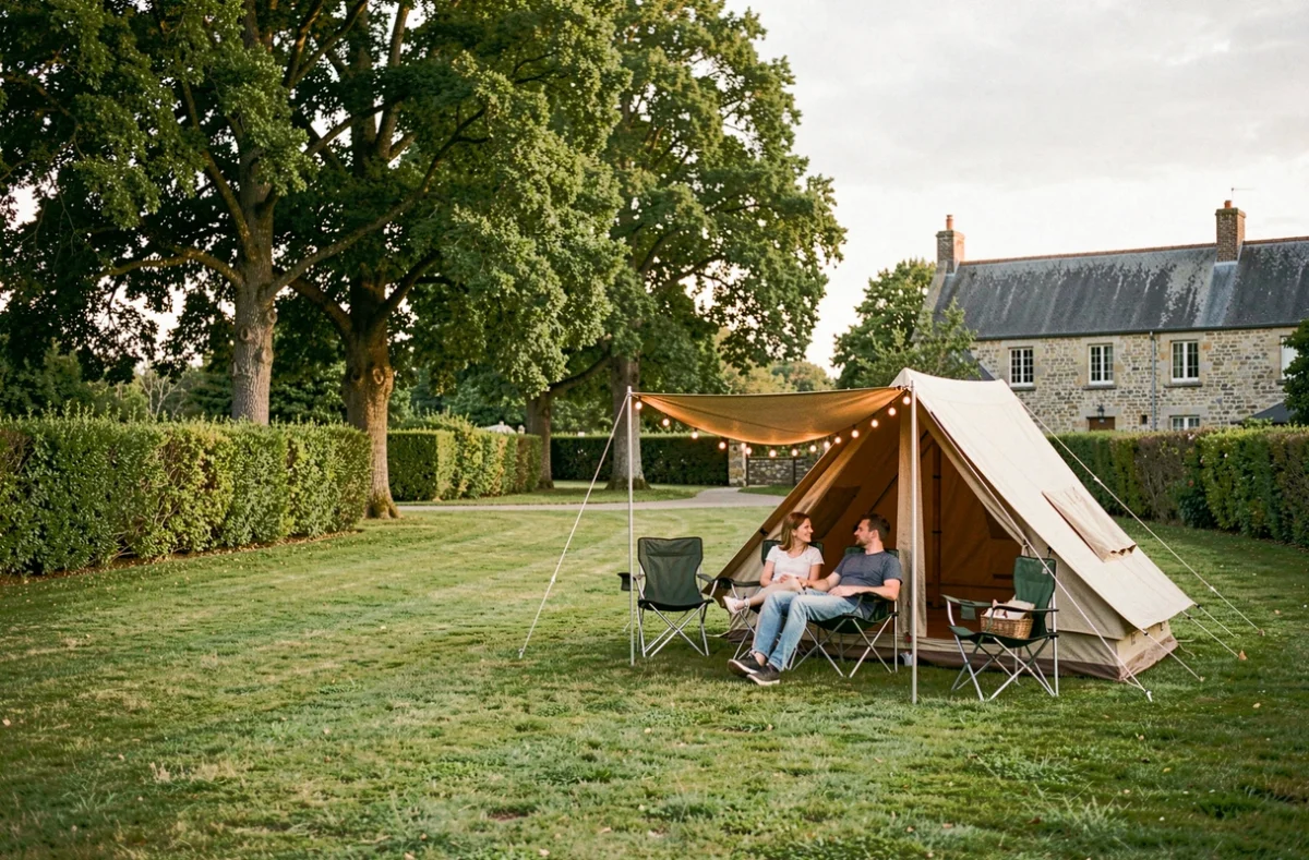 Emplacement verdoyant du Camping Domaine du Logis en Ille-et-Vilaine avec couple détendant sous les arbres