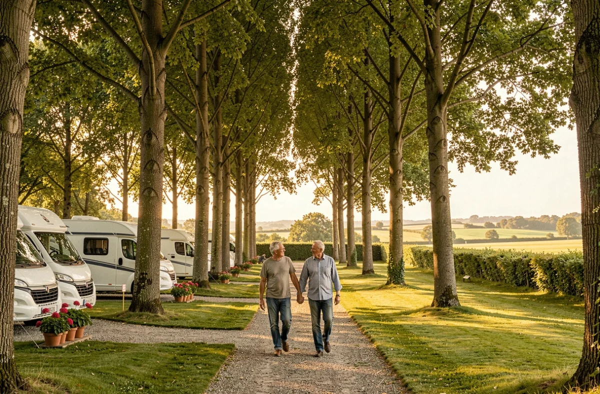 Allée de peupliers et emplacements ombragés du Camping Domaine Les Peupliers en Ille-et-Vilaine