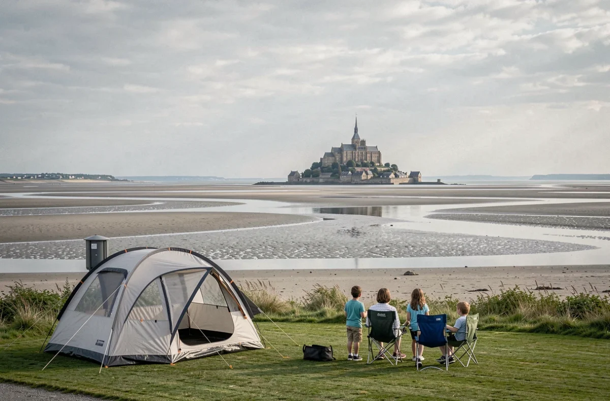 Vue sur le Mont-Saint-Michel depuis le Camping Huttopia Baie du Mont-Saint-Michel en Ille-et-Vilaine
