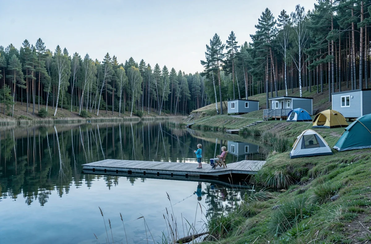 Lac calme et emplacements verdoyants du Camping Les Rives du Lac en Ille-et-Vilaine