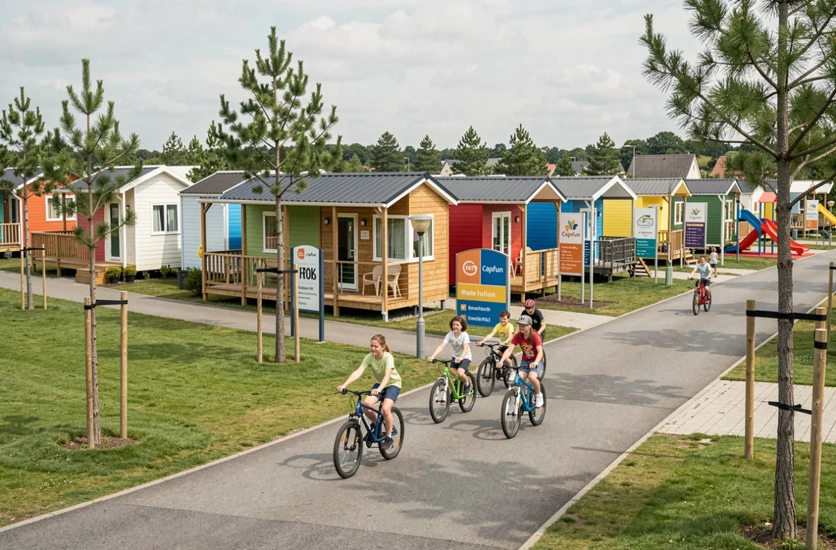 Mobil-homes colorés et allées du Capfun Camping Longchamp en Ille-et-Vilaine