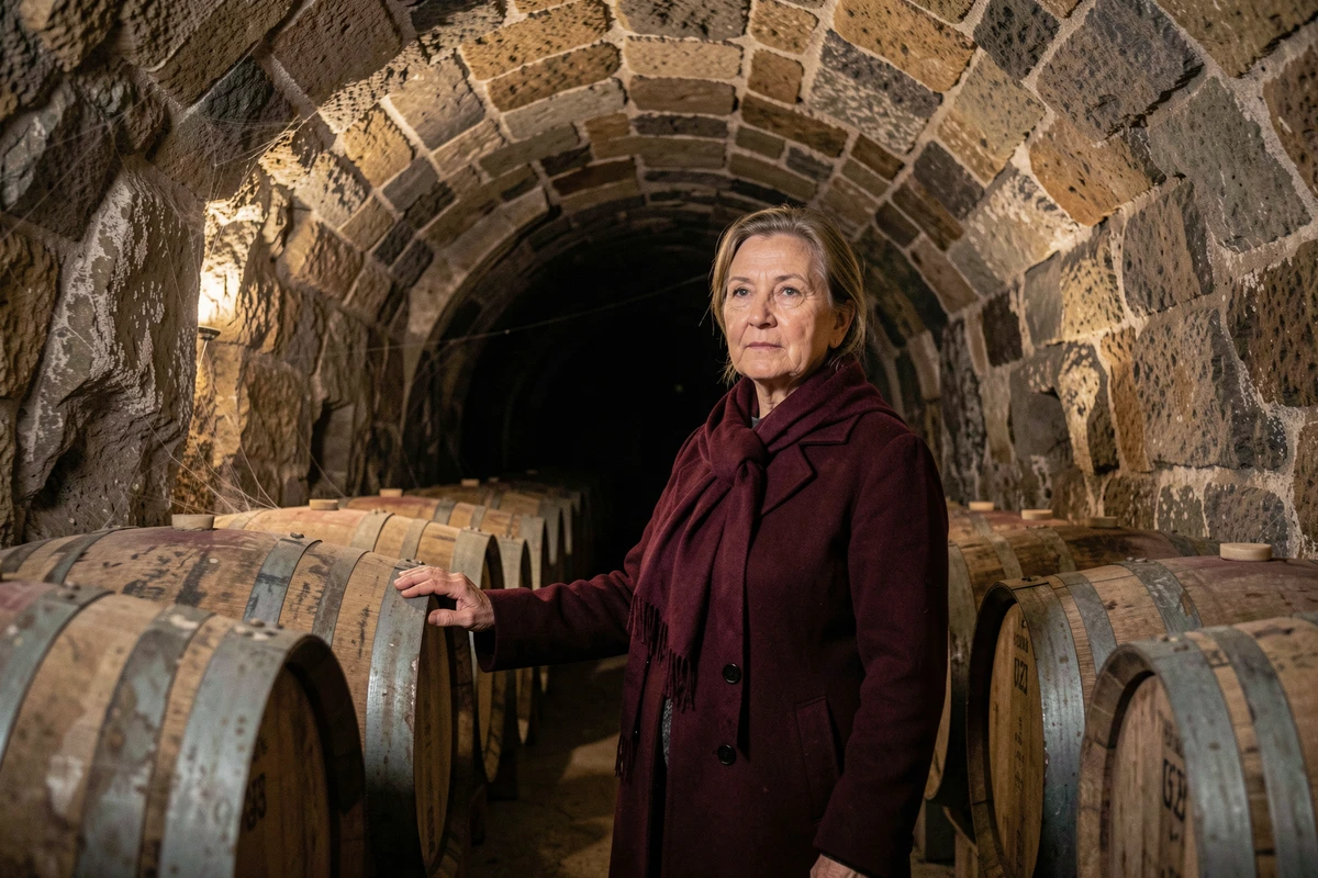 Femme explorant une cave viticole historique creusée dans la roche en Alsace, domaine secret du Bas-Rhin