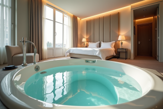 Chambre d'hôtel de luxe à Lyon avec jacuzzi privé et grande fenêtre