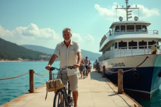 Homme chargeant son vélo sur un ferry à destination de Porquerolles dans un port ensoleillé