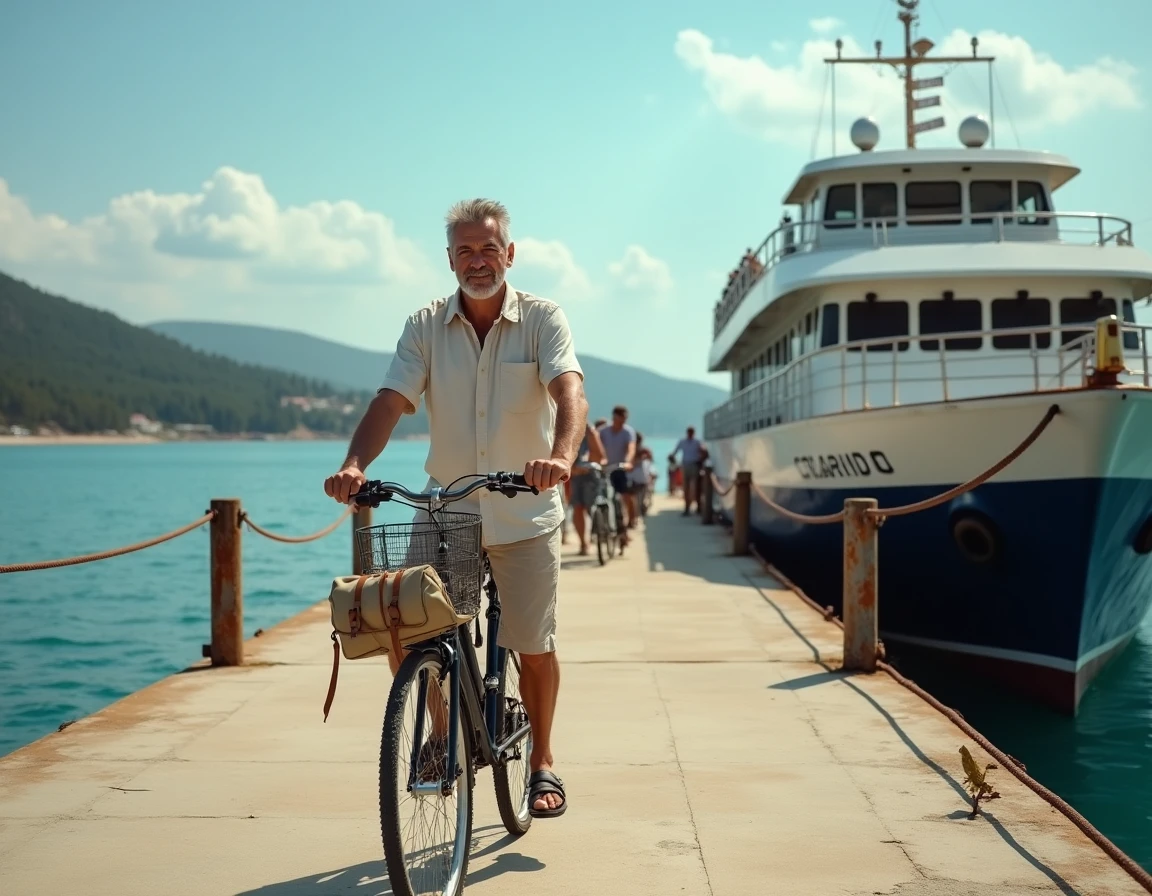 Homme chargeant son vélo sur un ferry à destination de Porquerolles dans un port ensoleillé