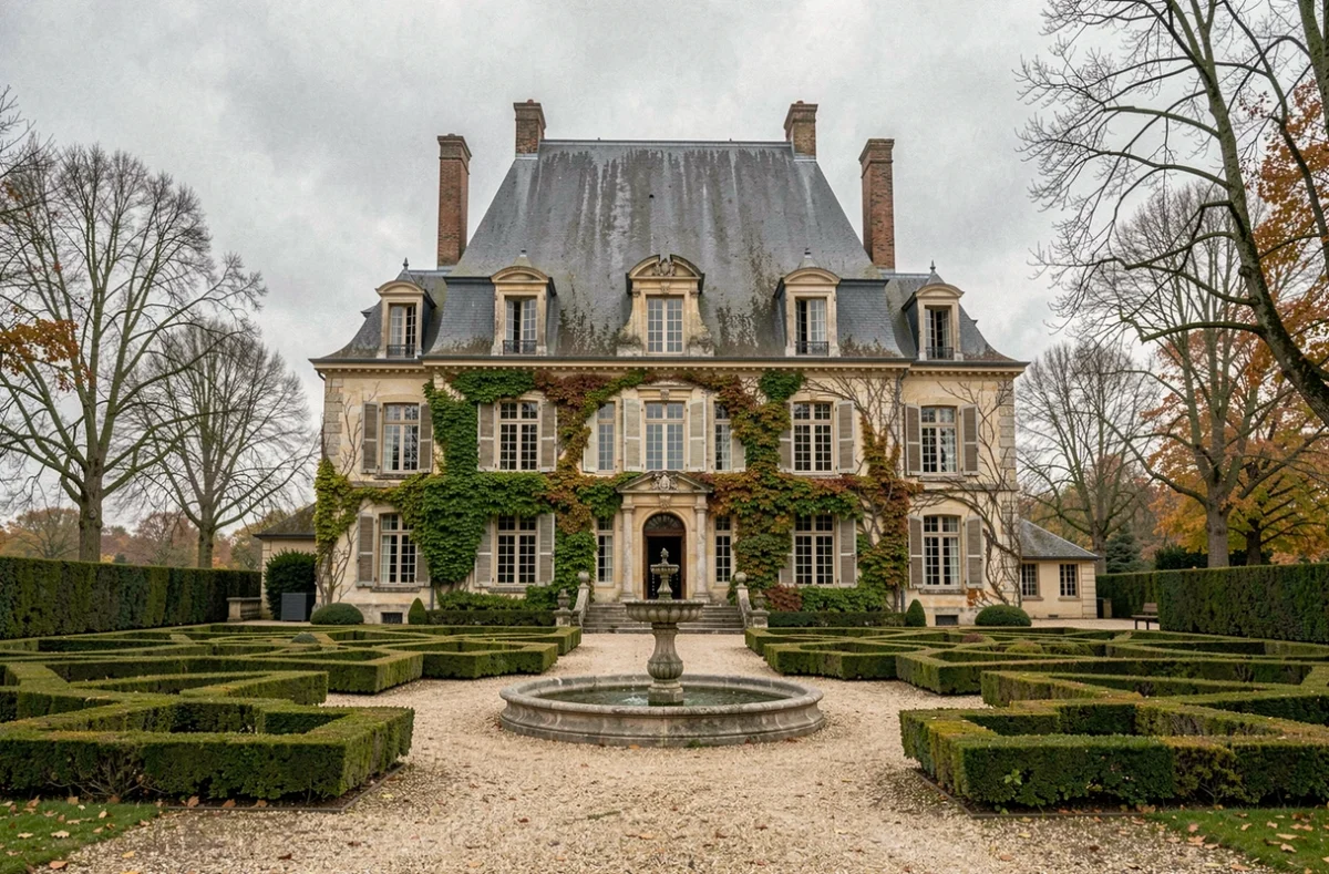 Façade en pierre du Château de Courcelles entourée d'un jardin à la française et d'une fontaine centrale