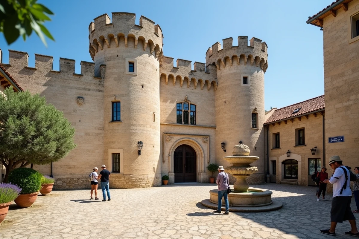 Façade du Château de Gordes vue depuis la place du village avec des visiteurs admirant l'architecture Renaissance