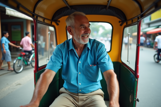 Conducteur de tuk tuk souriant dans une rue urbaine animée