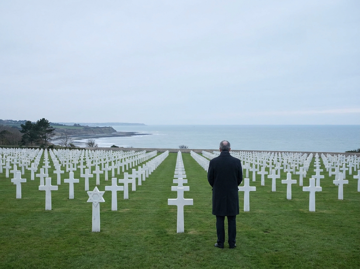 Cimetière militaire américain de Colleville-sur-Mer avec croix blanches et vue sur la plage du Débarquement