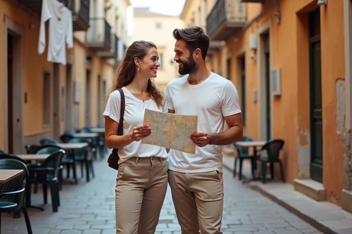 Couple consultant une carte dans une ruelle pavée d'une ville européenne abordable, city break économique en été