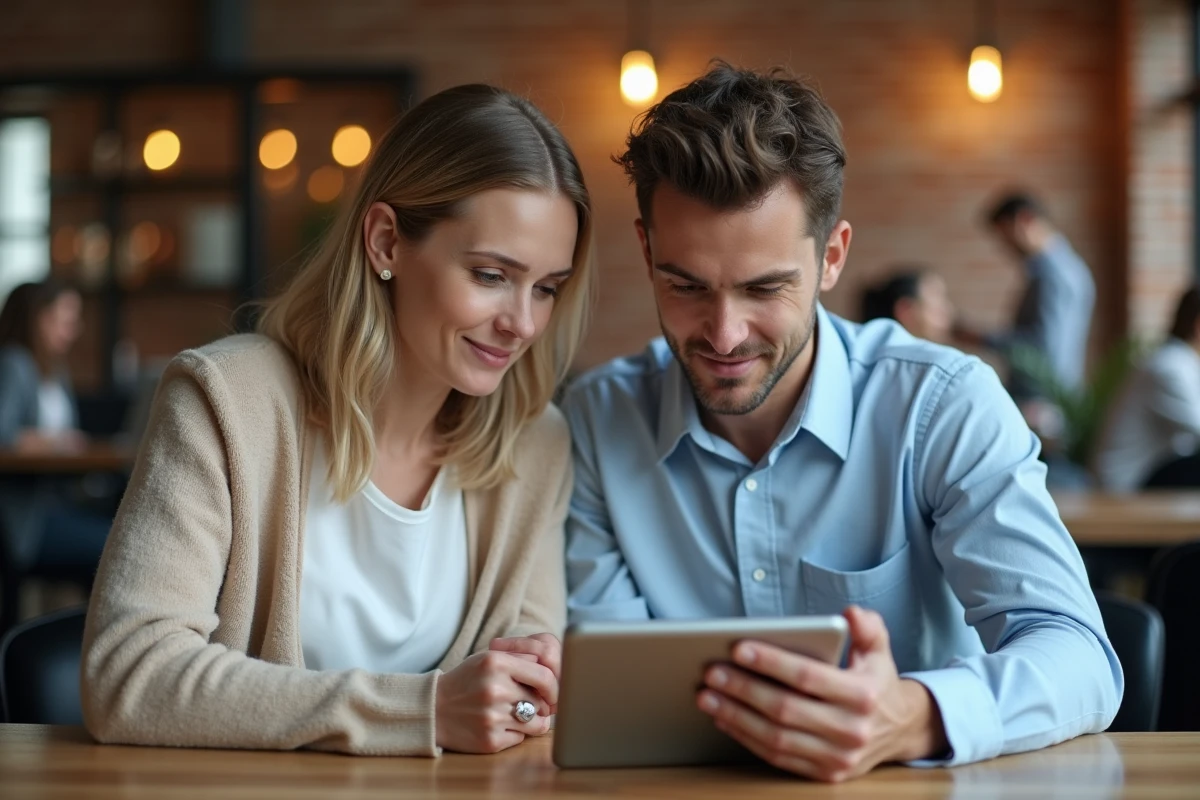 Deux collègues comparant un message informel et un email professionnel sur une tablette dans un espace de coworking