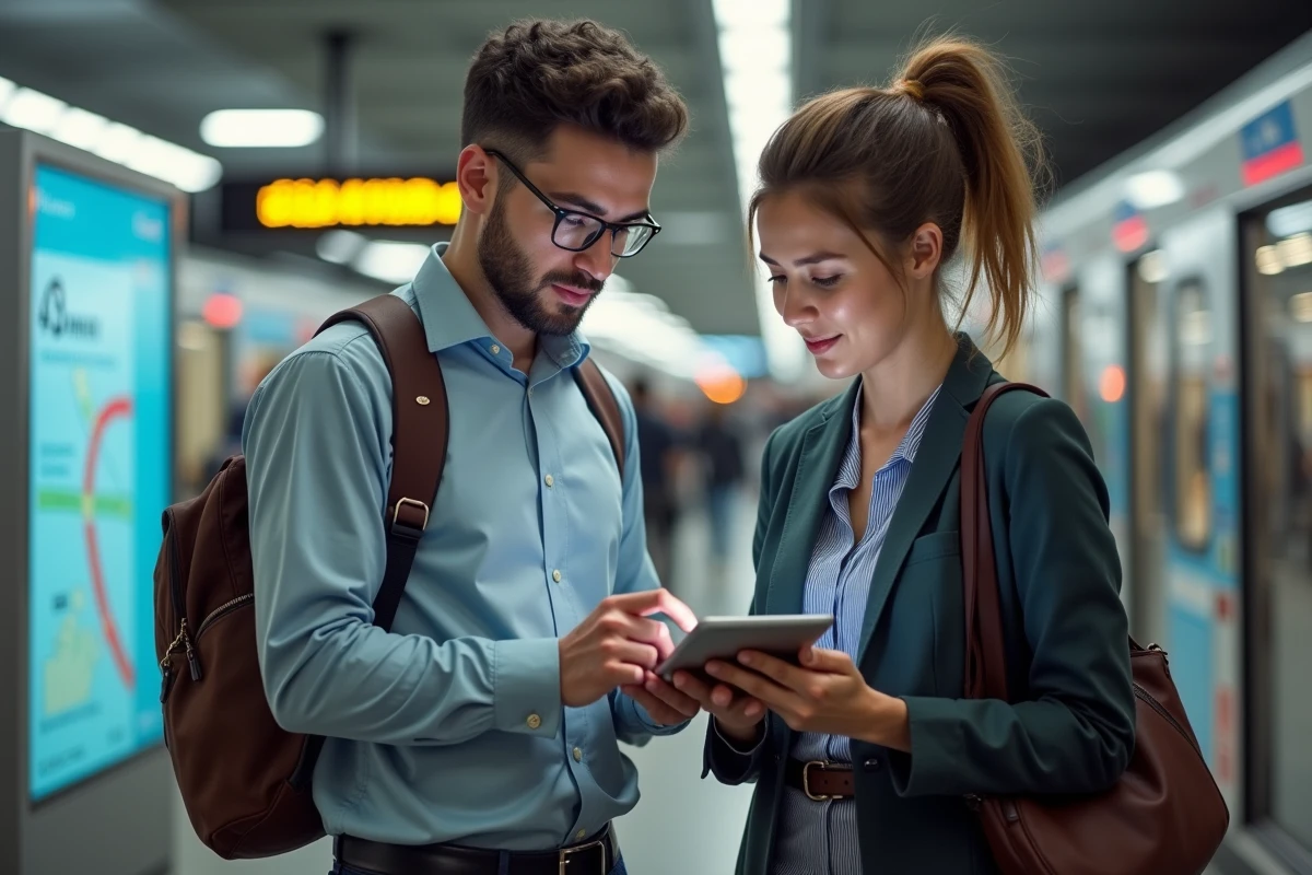 Deux collègues consultant une application de correspondance bus et métro sur tablette dans un hub de transport urbain