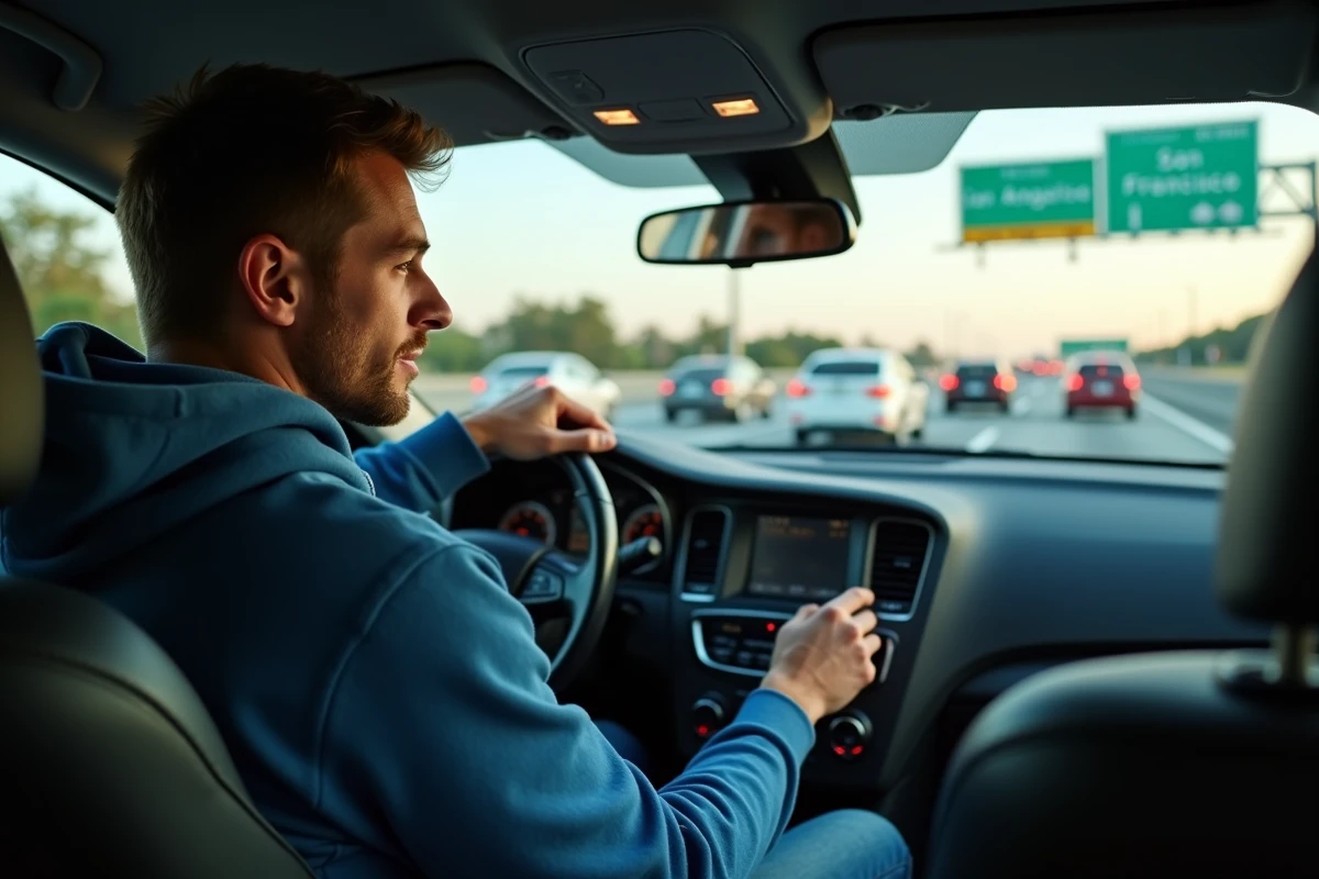 Jeune homme au volant d'une voiture en trafic en Californie