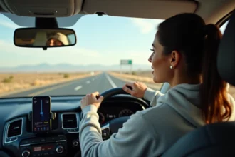 Femme conduisant sur l'autoroute californienne entre Los Angeles et San Francisco avec navigation GPS visible