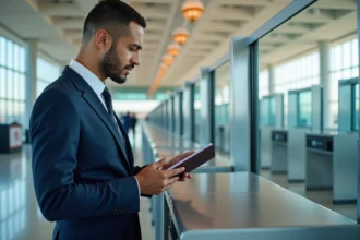 Agent de contrôle des passeports à l'aéroport Mohammed V de Casablanca, guichet d'immigration moderne