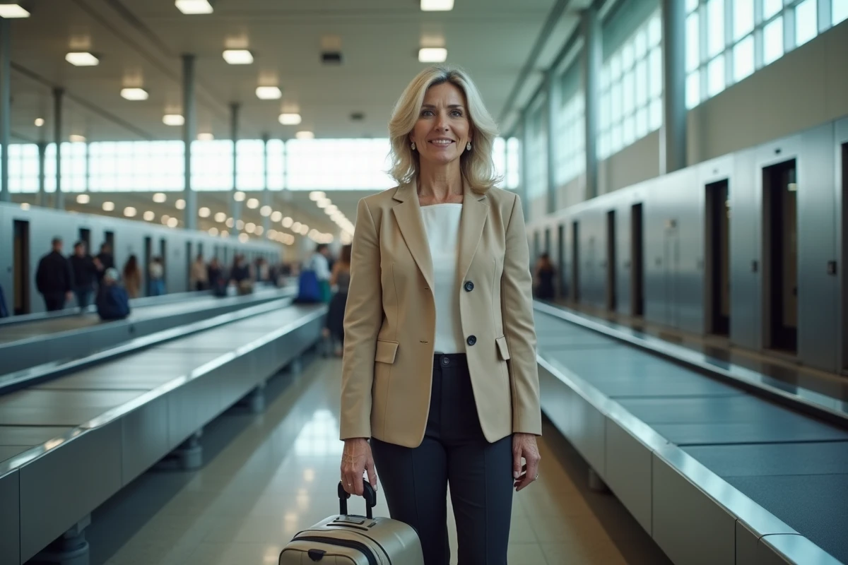 Passagère déposant ses bagages à main sur le tapis du contrôle de sécurité à l'aéroport Mohammed V