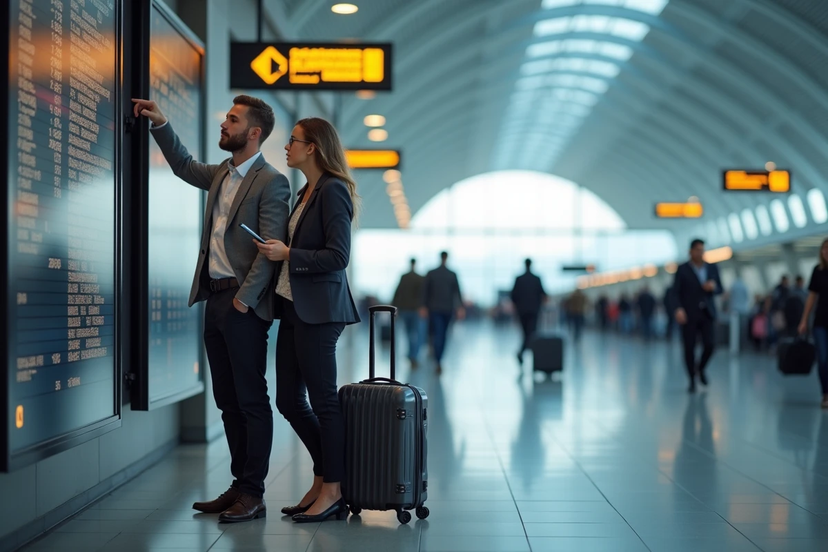 Couple vérifiant les informations de vol dans un aéroport avant un départ de voyage réservé en dernière minute