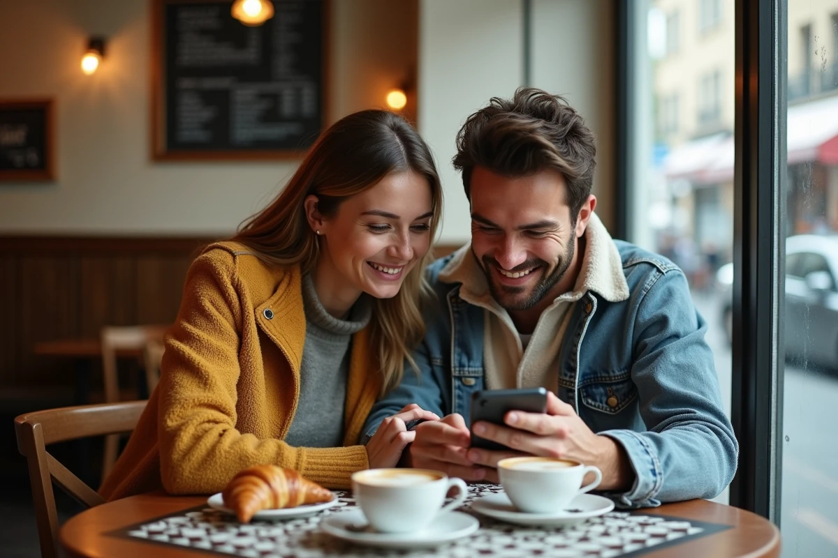 Couple recherchant des vols pas chers sur une application mobile dans un café parisien