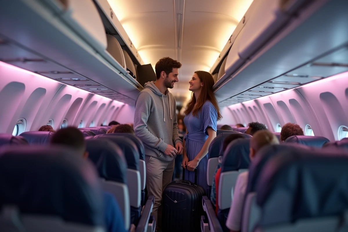 Couple de voyageurs rangeant leurs bagages à main dans le compartiment supérieur d'une cabine d'avion long-courrier French bee