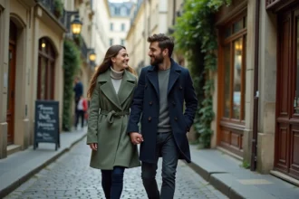 Couple se promenant main dans la main dans une ruelle pavée du Marais à Paris, ambiance romantique avec façades en pierre et volets en bois