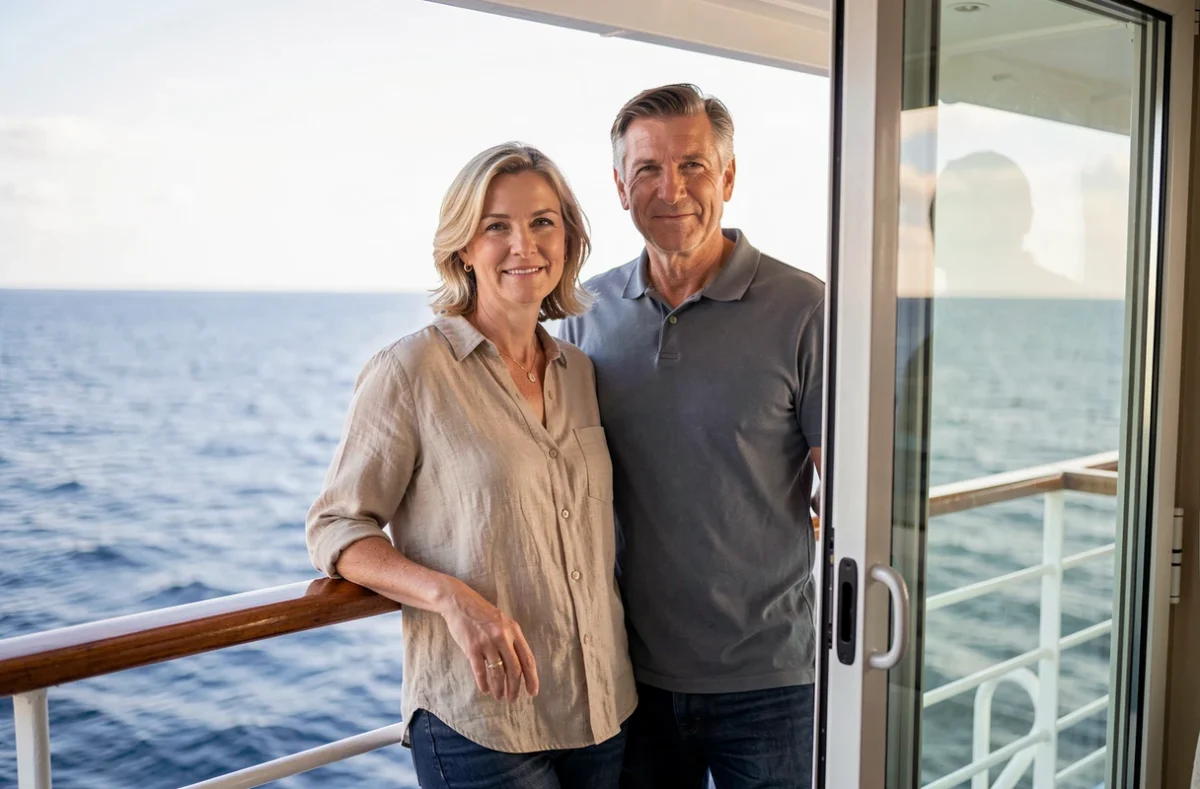 Couple de touristes profitant du balcon de leur cabine sur un navire de croisière en mer