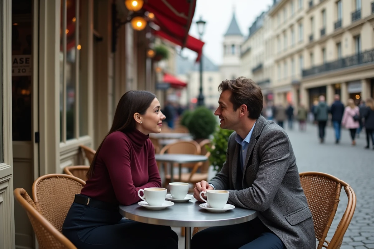 Couple partageant un café en terrasse dans un bistrot classique de Montmartre, vue romantique sur les escaliers menant au Sacré-Cœur