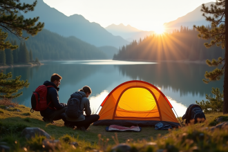 Couple installant une tente au bord d'un lac de montagne au lever du soleil