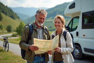 Couple souriant en camping près d'une rivière en France