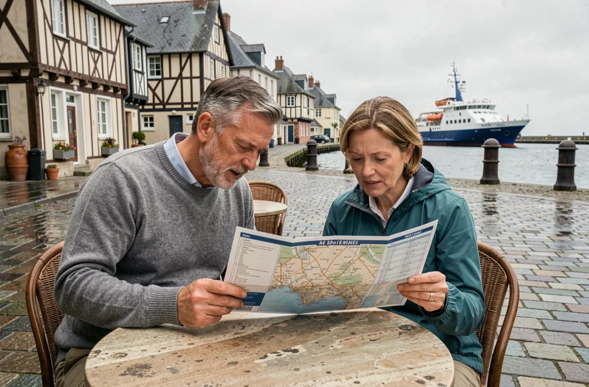 Couple consultant une carte de croisière en terrasse de café sur le port de Saint-Malo