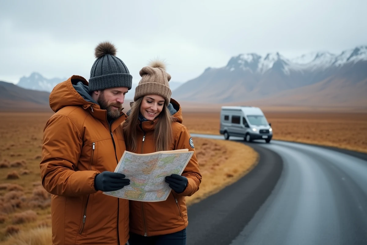 Couple de voyageurs consultant une carte routière devant un camping-car sur une route des hautes terres islandaises