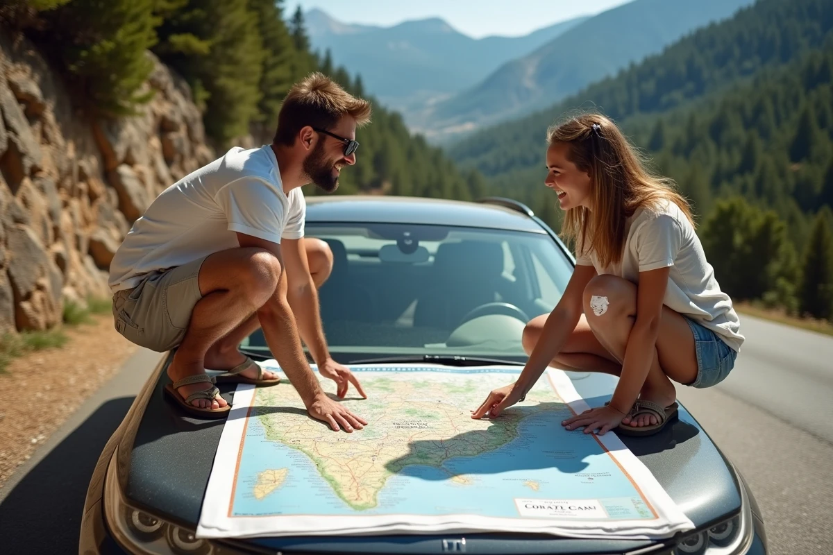 Couple planifiant leur itinéraire touristique avec une carte routière du nord de la Corse posée sur le capot d'une voiture de location